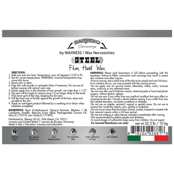 Waxness Barbero Hard Wax Steel for Men 22 lb / 10 kg