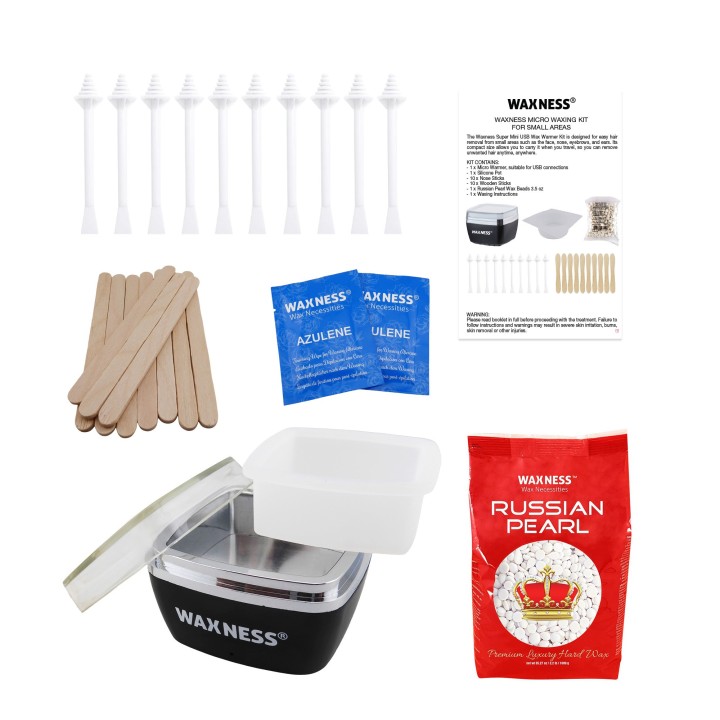 Micro Waxing Kit with Warmer and Small Bag 3.5 Oz of Russian Pearl hard Wax for Small Areas