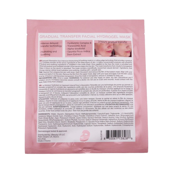 KAZ Gradual Transfer Facial Hydrogel Mask 1.05 oz / 30 g