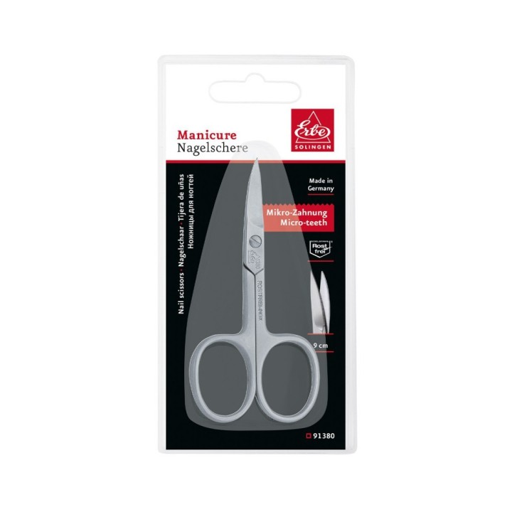 Erbe Solingen Nail Scissors Kullenblatt Pointed and Curved Cutting Edges Micro Teeth 9 cm 3.5 in