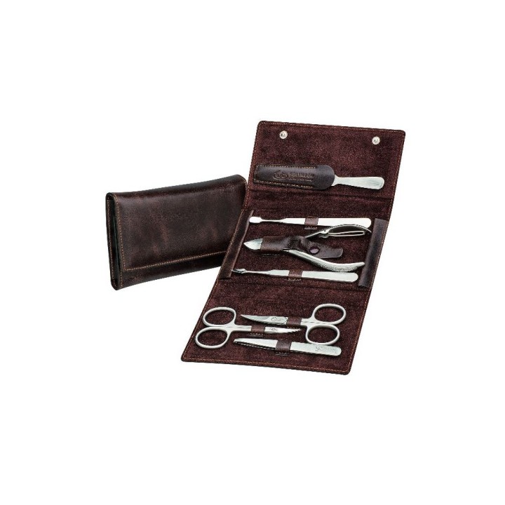 Erbe Manicure Snap Button Case Range "Antique", Brown, 7 instruments